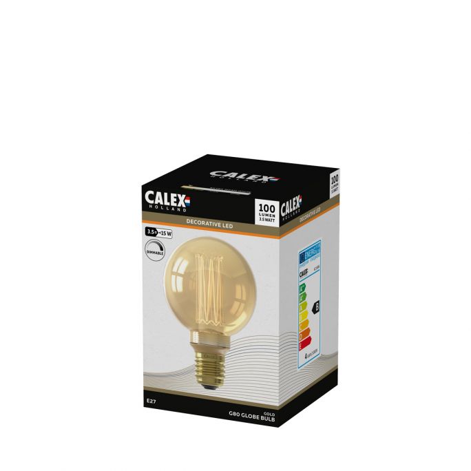 Calex LED Glassfiber Globe Lamp G80  220-240V 3,5W 100lm E27, Goud 1800K dimbaar
