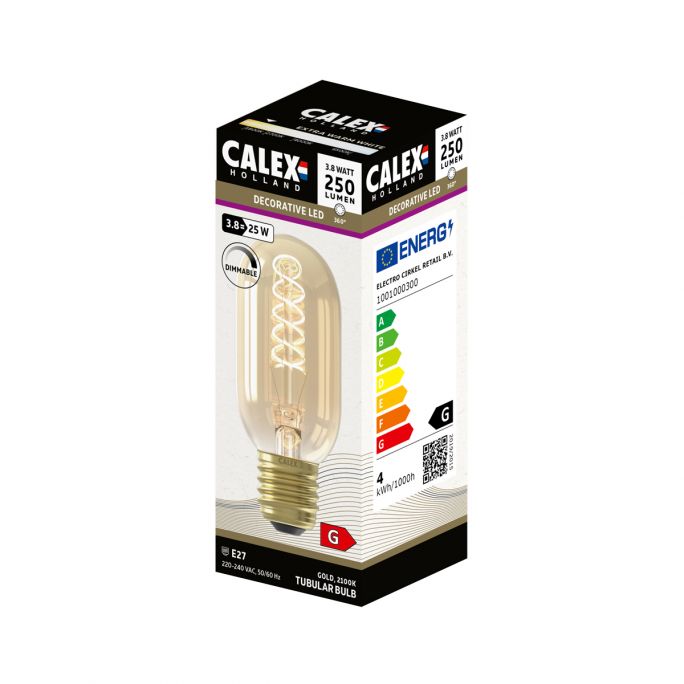 Calex LED Full Glass Flex Filament Tubular-Type lamp 240V 4W 200lm E27 T45x110, Gold 2100K Dimmable, energy label A
