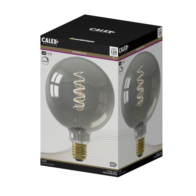 Calex LED Full Glass Flex Filament Globe Lamp 240V 4W 100lm E27 G125, Titanium 2100K Dimmable, energy label B