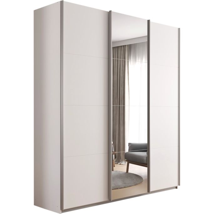 Kledingkast Kick 203 x 229 cm Alpinewit met 1 spiegeldeur en aluminiumkleur greeplijst