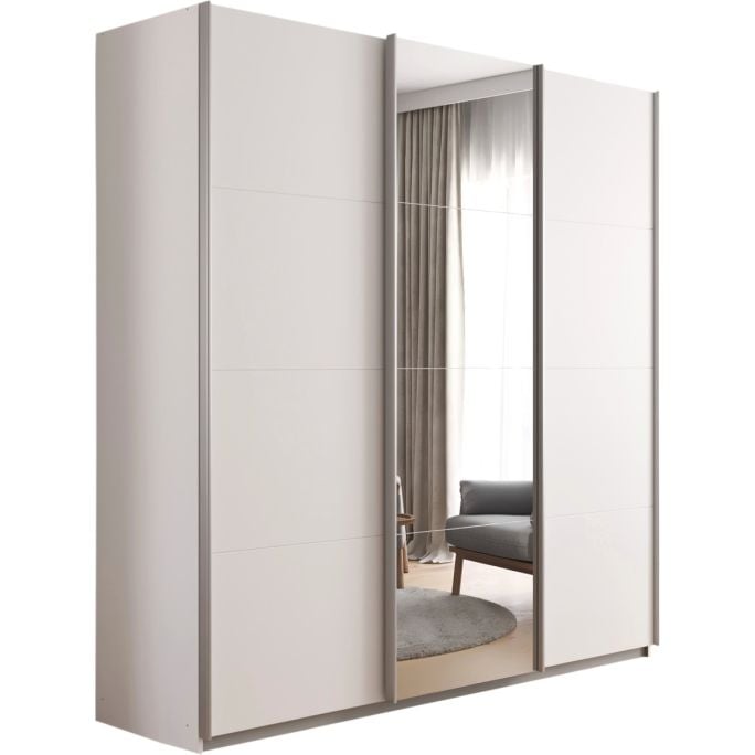 Kledingkast Kick 203 x 210 cm Alpinewit met 1 spiegeldeur en aluminiumkleur greeplijst
