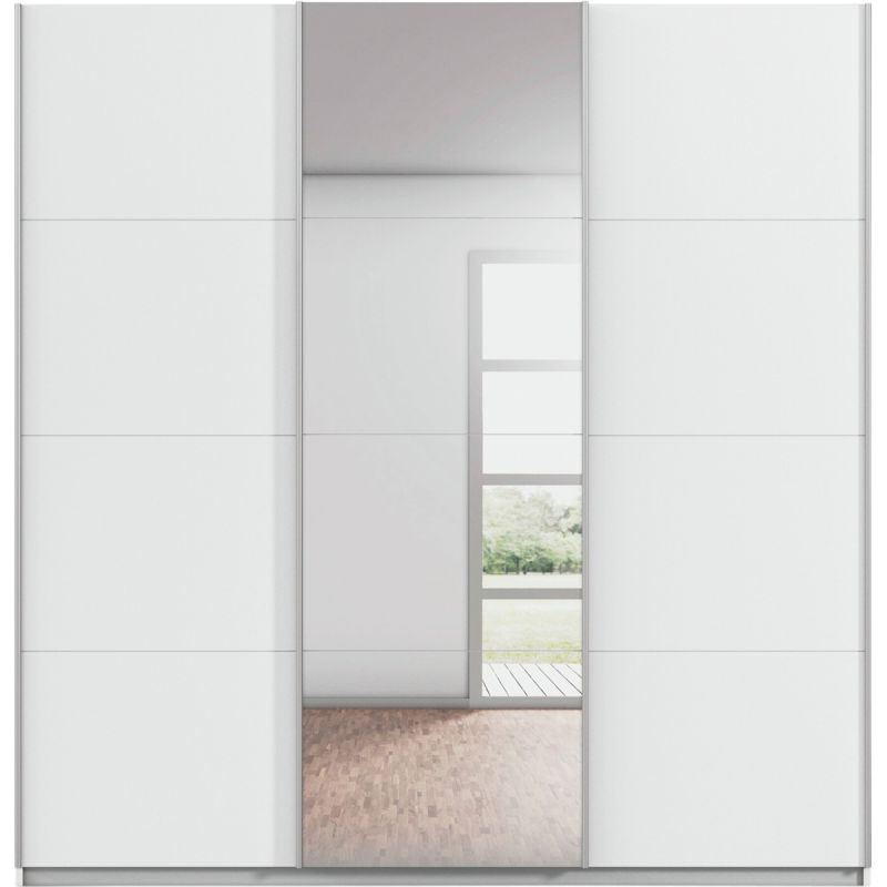 Kledingkast Kick 203 x 210 cm Alpinewit met 1 spiegeldeur en aluminiumkleur greeplijst