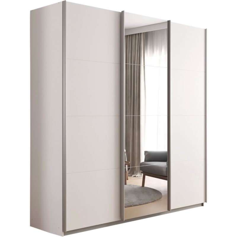 Kledingkast Kick 203 x 210 cm Alpinewit met 1 spiegeldeur en aluminiumkleur greeplijst