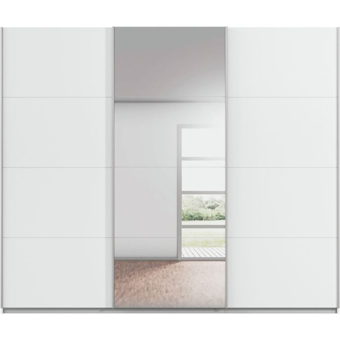 Kledingkast Kick 271 x 229 cm Alpinewit met 1 spiegeldeur en aluminiumkleur greeplijst