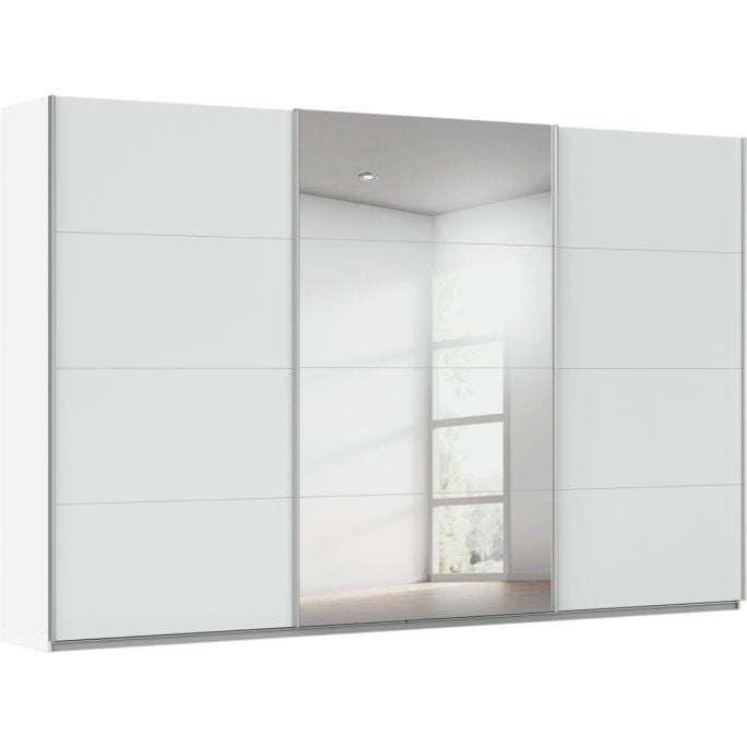 Kledingkast Kick 360 x 229 cm Alpinewit met 1 spiegeldeur en aluminiumkleur greeplijst