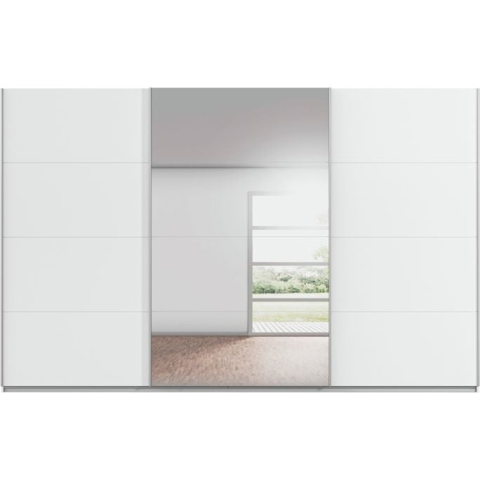 Kledingkast Kick 360 x 229 cm Alpinewit met 1 spiegeldeur en aluminiumkleur greeplijst