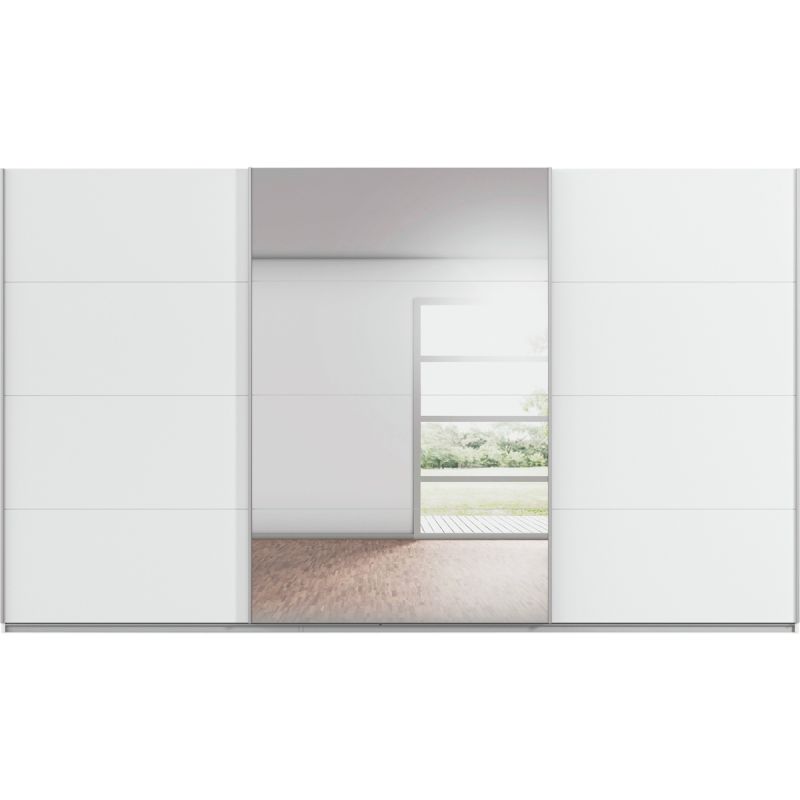Kledingkast Kick 360 x 210 cm Alpinewit met 1 spiegeldeur en aluminiumkleur greeplijst