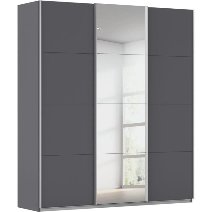 Kledingkast Kick 203 x 229 cm Grijs metallic met 1 spiegeldeur en aluminiumkleur greeplijst