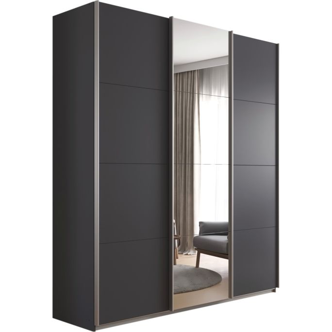 Kledingkast Kick 203 x 229 cm Grijs metallic met 1 spiegeldeur en aluminiumkleur greeplijst