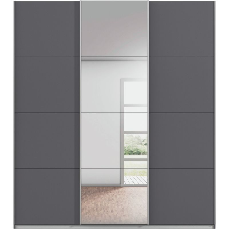 Kledingkast Kick 203 x 229 cm Grijs metallic met 1 spiegeldeur en aluminiumkleur greeplijst