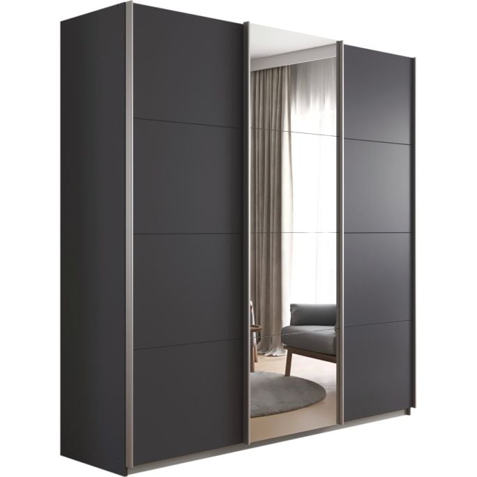 Kledingkast Kick 203 x 210 cm Grijs metallic met 1 spiegeldeur en aluminiumkleur greeplijst