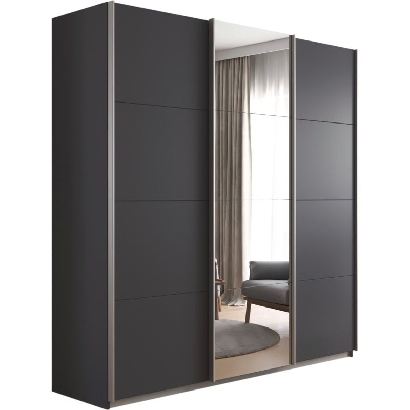 Kledingkast Kick 203 x 210 cm Grijs metallic met 1 spiegeldeur en aluminiumkleur greeplijst