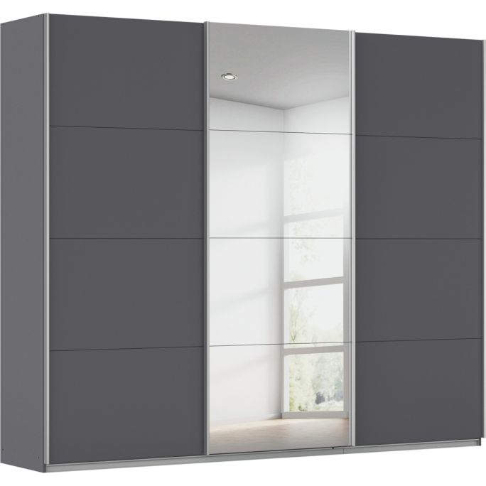 Kledingkast Kick 271 x 229 cm Grijs metallic met 1 spiegeldeur en aluminiumkleur greeplijst