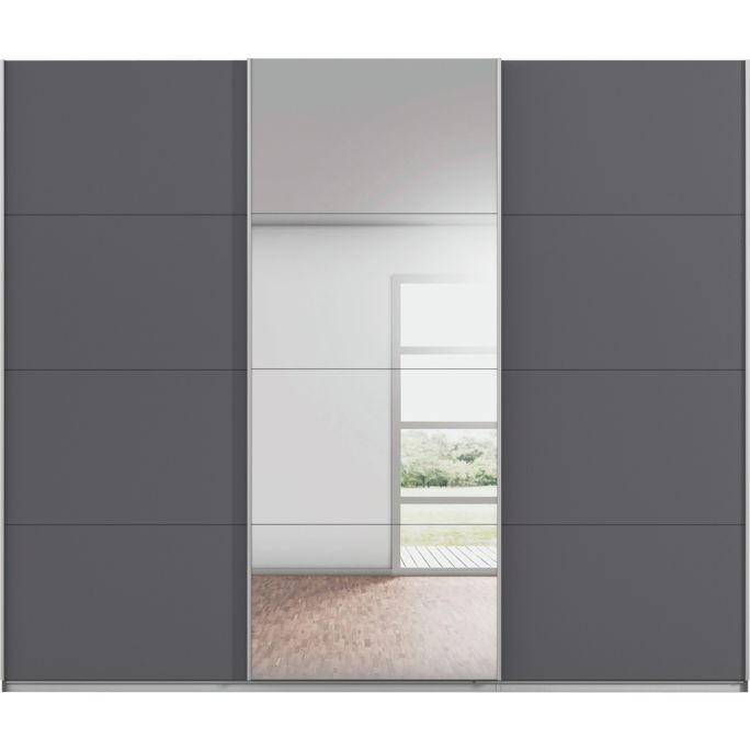 Kledingkast Kick 271 x 229 cm Grijs metallic met 1 spiegeldeur en aluminiumkleur greeplijst