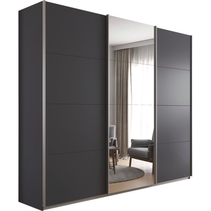 Kledingkast Kick 271 x 229 cm Grijs metallic met 1 spiegeldeur en aluminiumkleur greeplijst