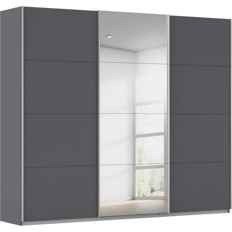Kledingkast Kick 271 x 229 cm Grijs metallic met 1 spiegeldeur en aluminiumkleur greeplijst