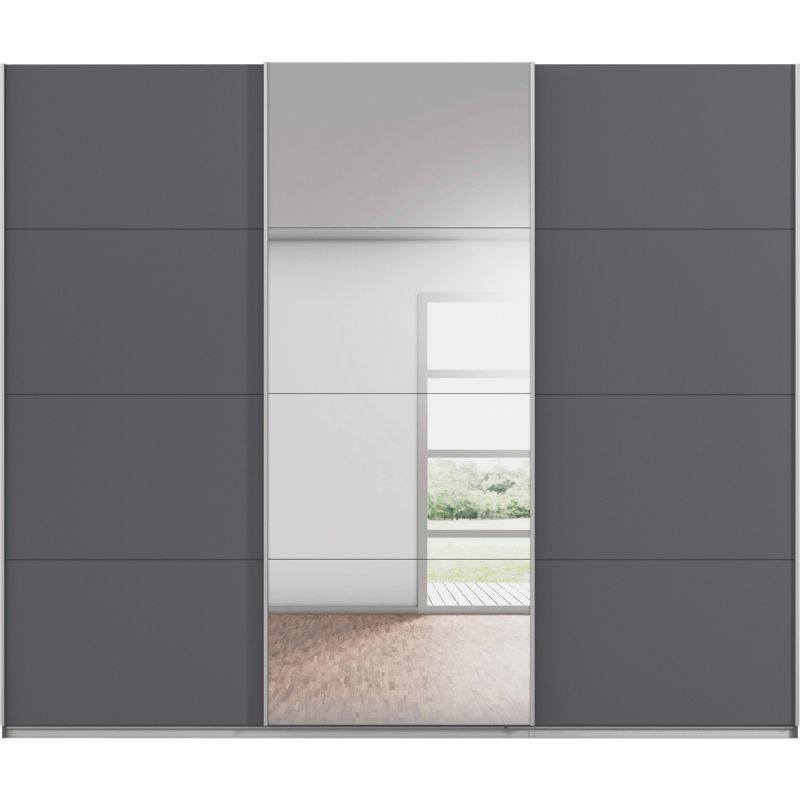 Kledingkast Kick 271 x 229 cm Grijs metallic met 1 spiegeldeur en aluminiumkleur greeplijst