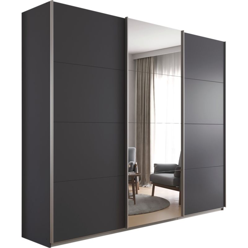 Kledingkast Kick 271 x 229 cm Grijs metallic met 1 spiegeldeur en aluminiumkleur greeplijst