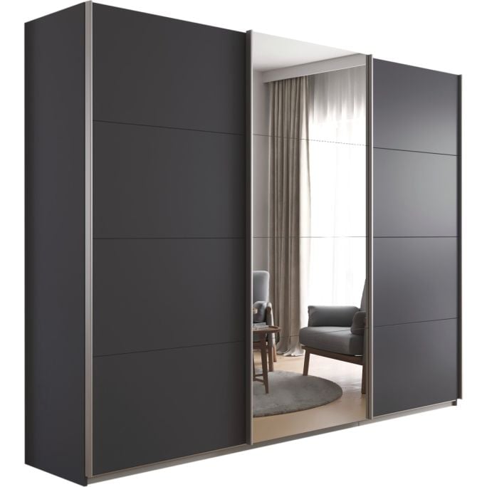 Kledingkast Kick 271 x 210 cm Grijs metallic met 1 spiegeldeur en aluminiumkleur greeplijst