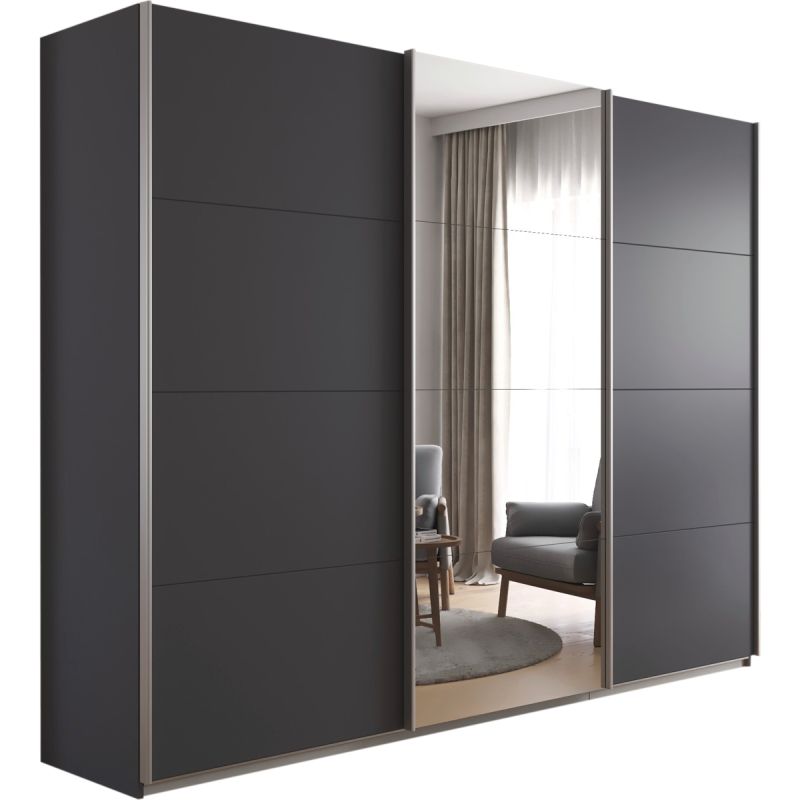 Kledingkast Kick 271 x 210 cm Grijs metallic met 1 spiegeldeur en aluminiumkleur greeplijst