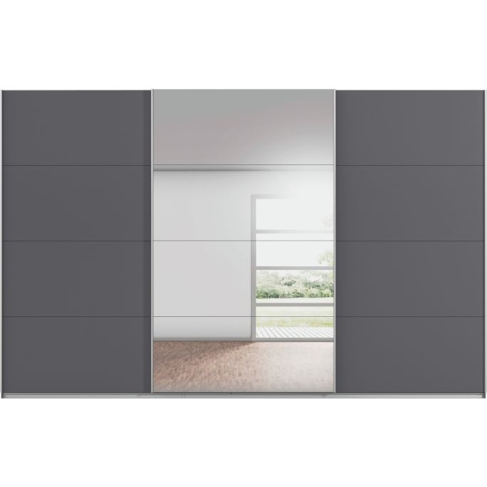 Kledingkast Kick 360 x 229 cm Grijs metallic met 1 spiegeldeur en aluminiumkleur greeplijst