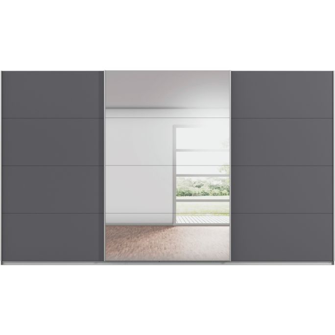 Kledingkast Kick 360 x 210 cm Grijs metallic met 1 spiegeldeur en aluminiumkleur greeplijst