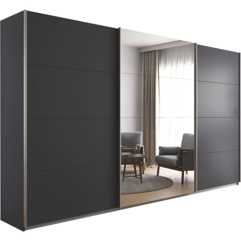 Kledingkast Kick 360 x 210 cm Grijs metallic met 1 spiegeldeur en aluminiumkleur greeplijst