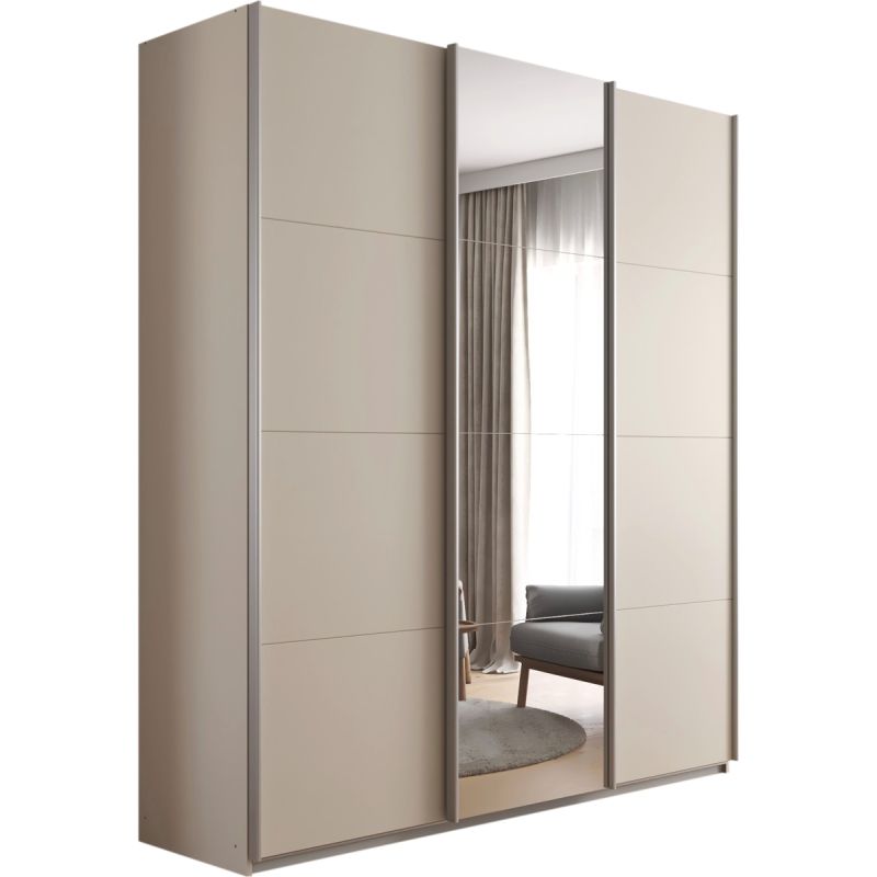Kledingkast Kick 203 x 229 cm Champagne met 1 spiegeldeur en aluminiumkleur greeplijst
