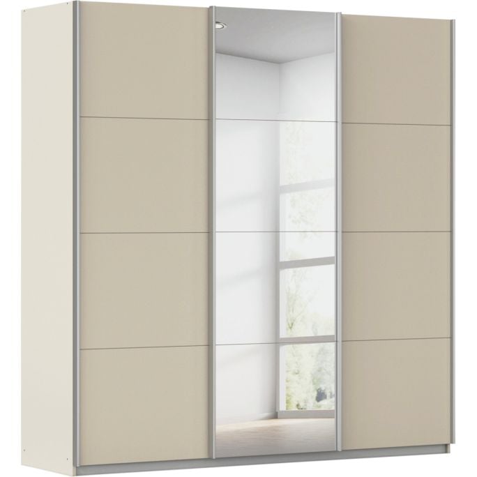 Kledingkast Kick 203 x 210 cm Champagne met 1 spiegeldeur en aluminiumkleur greeplijst