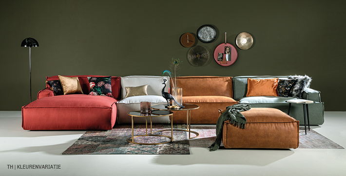 Trendhopper bank Barletta met elementen in verschillende kleuren stof